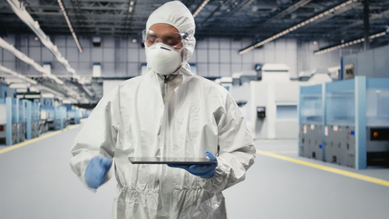 Portrait of microchip factory expert testing silicon wafer batches with tablet