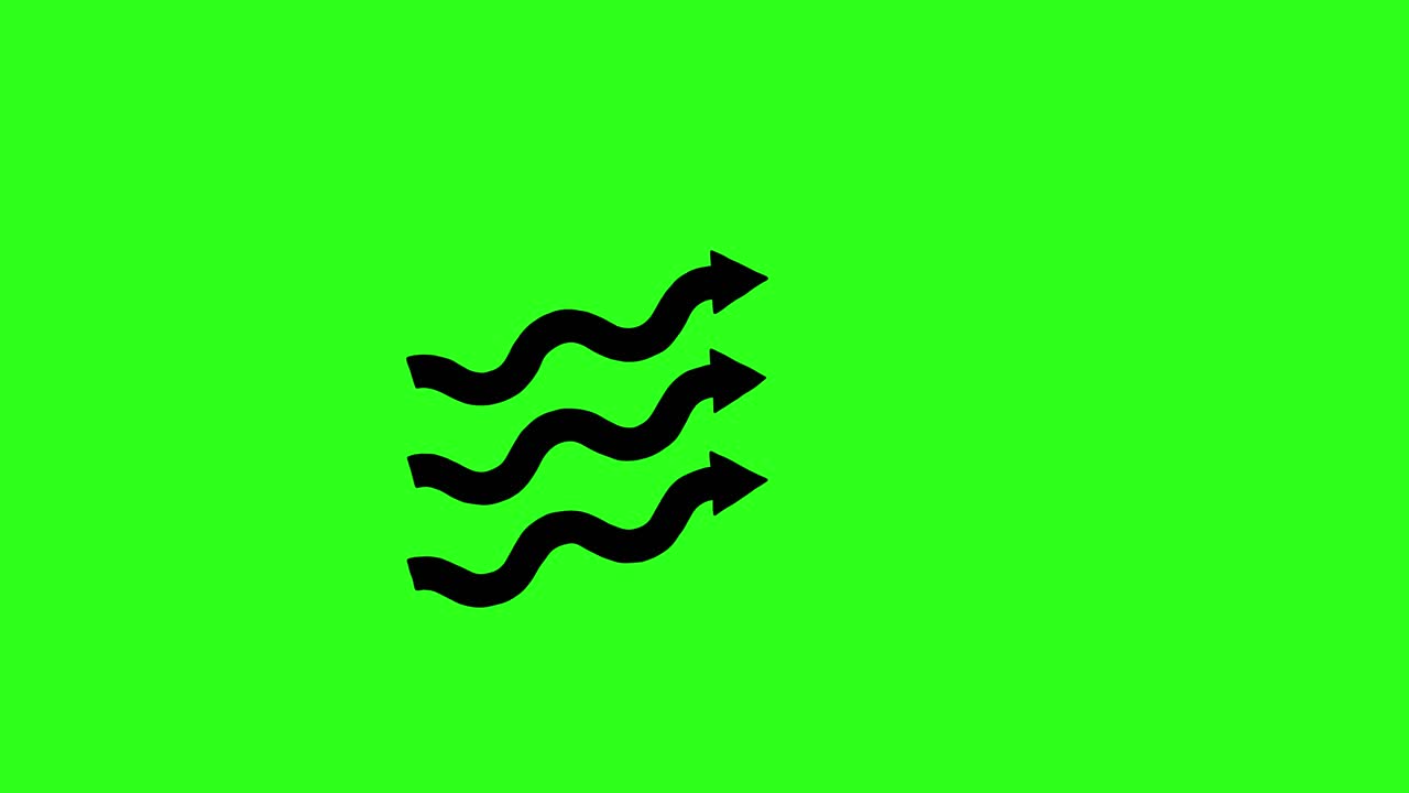 Black wavy arrow icon smoothly rotates on vivid green background, simple flat vector animation style
