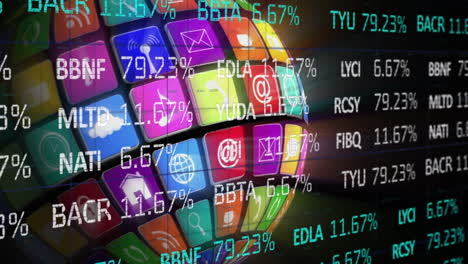 animation of financial data processing over spinning globe formed with digital icons