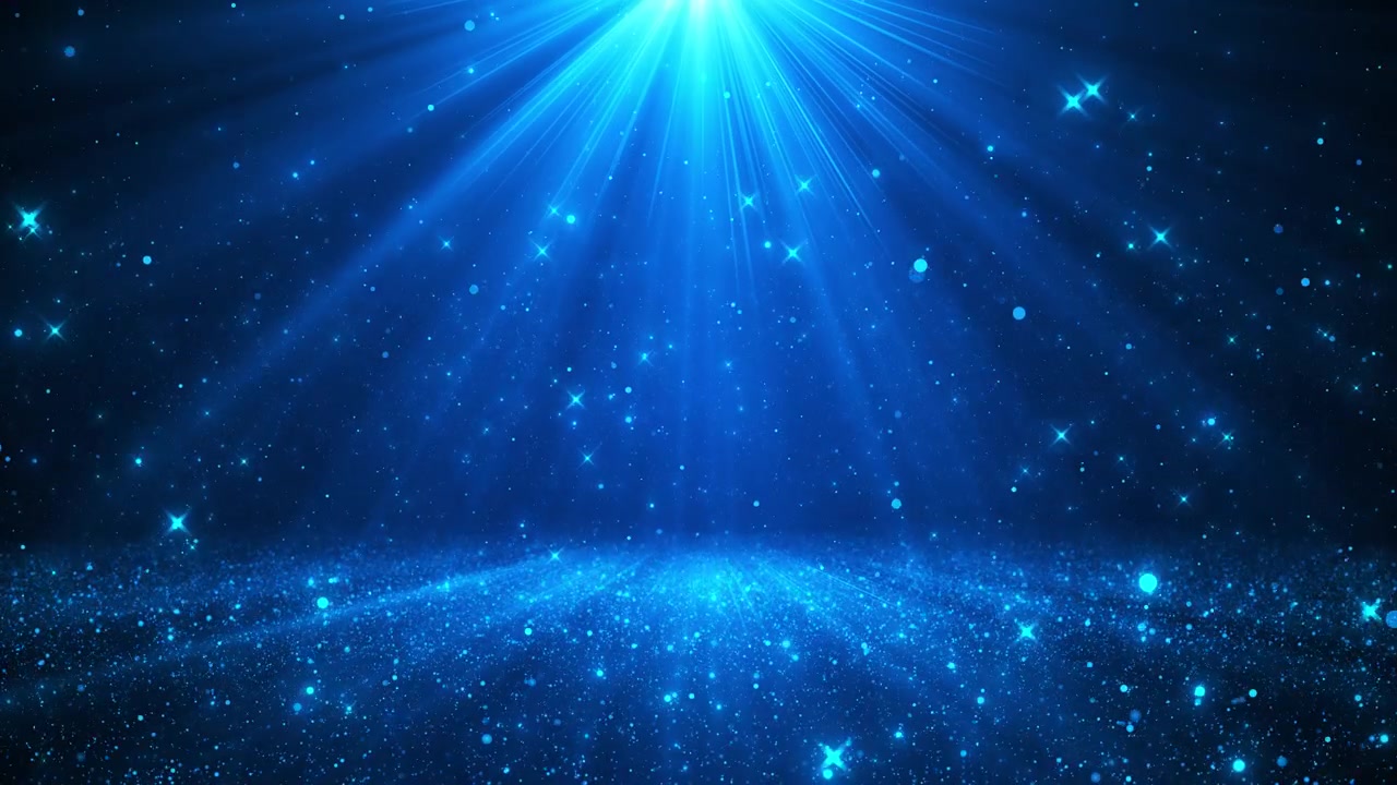 Bright blue spotlight background with radiant beams sparkling particles star flares and glowing