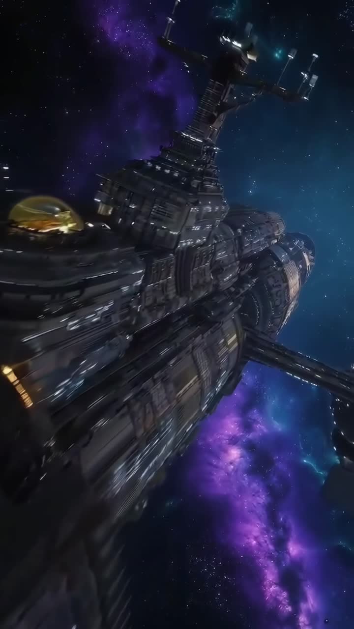 Futuristic spaceship in deep space, captured from a low angle