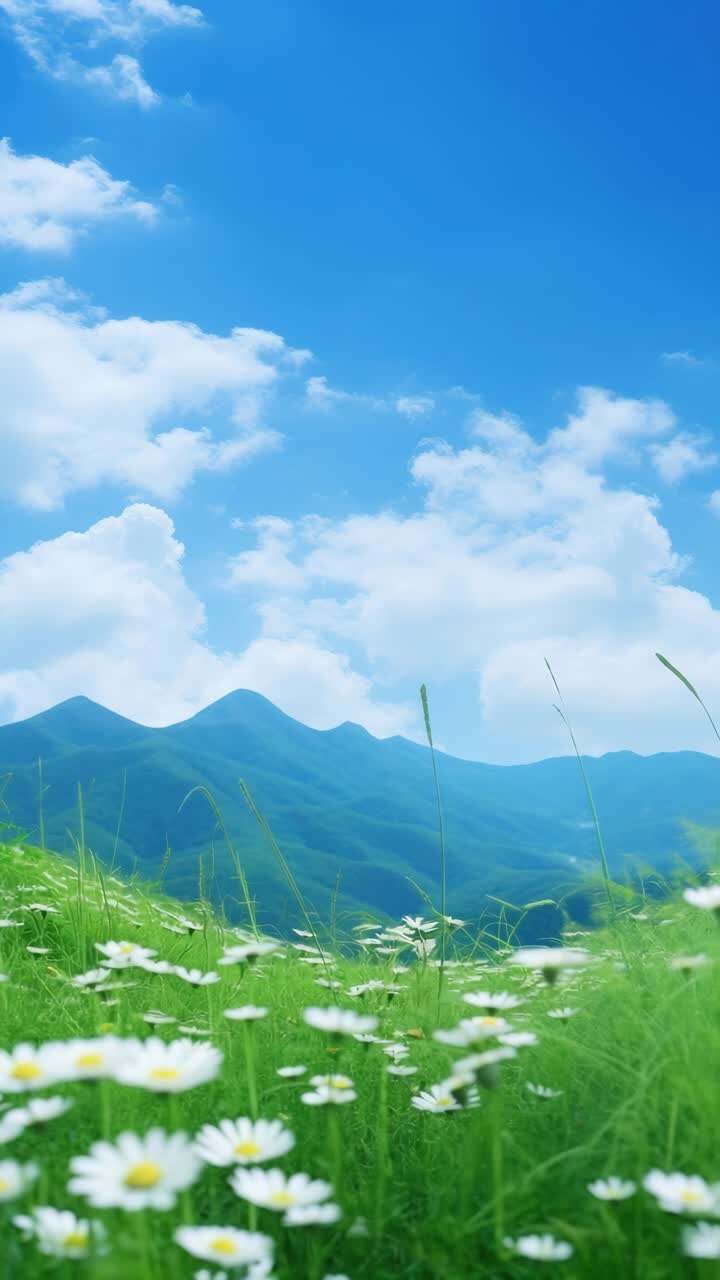 A serene landscape video with a low-angle view of daisies in a lush meadow, mountains