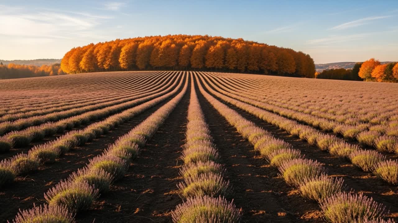 A picturesque landscape featuring vibrant lavender fields stretching towards a circular grove of autumn-colored trees under a clear blue sky, capturing the beauty of nature's changing seasons