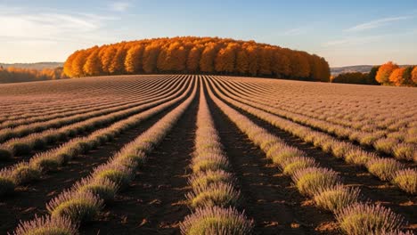 A picturesque landscape featuring vibrant lavender fields stretching towards a circular grove of autumn-colored trees under a clear blue sky, capturing the beauty of nature&#039;s changing seasons