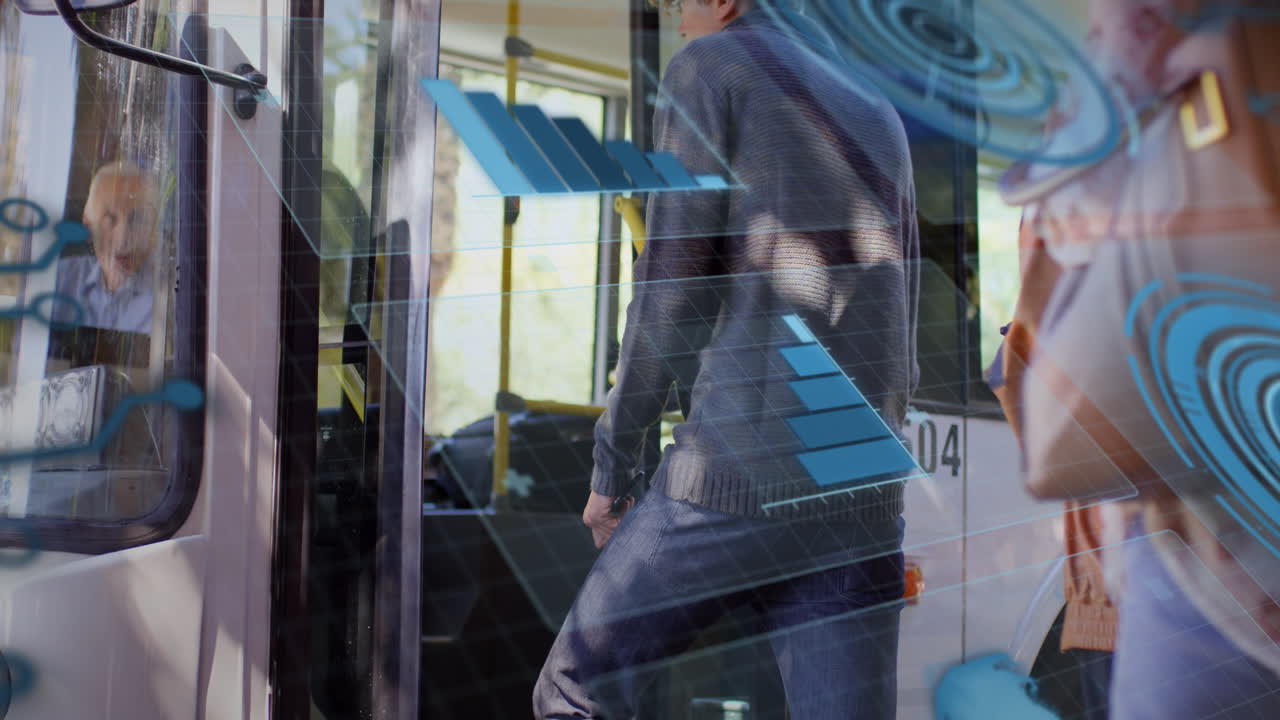 범위 스캔 및 데이터 처리의 애니메이션 버스의 다양한 사람들