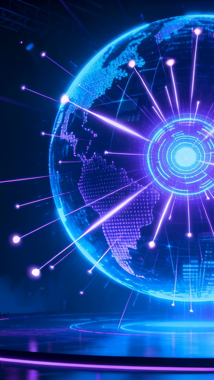 holographic globe rising over stage core brightening initiating rings beams pulsing for tech demo