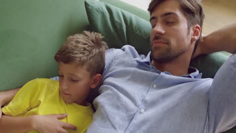 Padre-E-Hijo-Durmiendo-Juntos-En-El-Sofá-De-Casa-4k