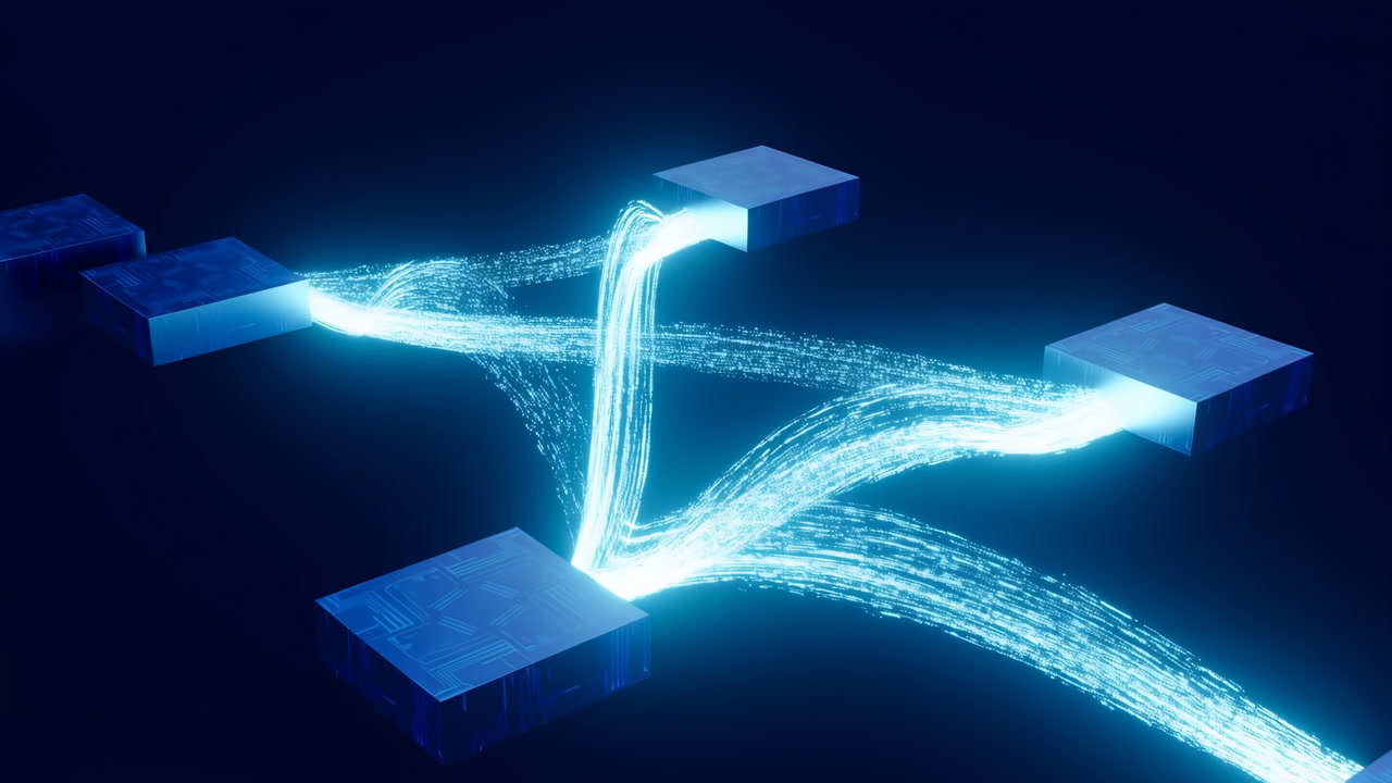 Glowing Data Stream Across Platforms, Luminous Particle Trails Bridge Dark Nodes In Cyber Space, Animated Flow