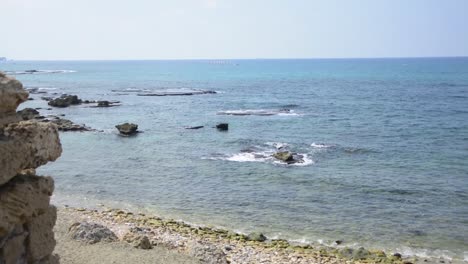 Looking-out-over-the-Mediterranean-Sea-from-the-shoreline-of-historic-Caesarea-in-Israel