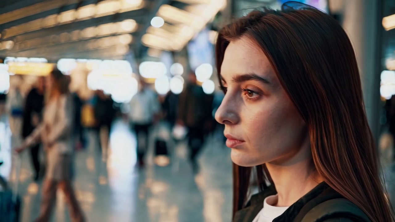 Giovane donna pensierosa in attesa in un affollato terminal aeroportuale