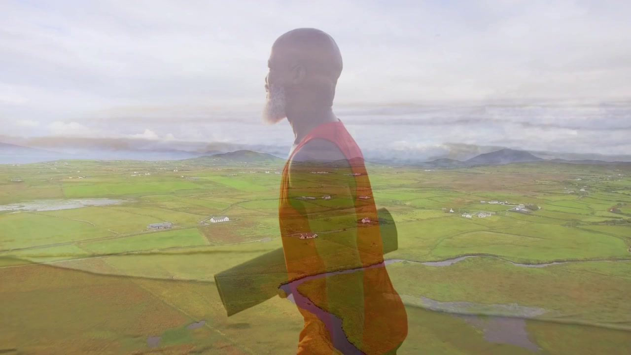 Mature man adjusting mat, walking and turning head as landscape overlay trailing for health