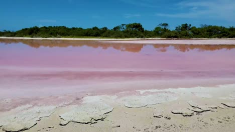 Pink-salt-lagoon-on-tropical-island-with-a-Natural-Foam,-pan-right-slow-motion