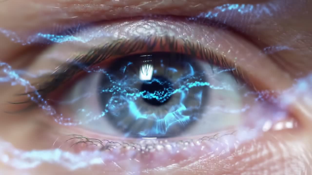 A Captivating Close-Up of an Eye Enhanced by Electric Patterns, Showcasing a Mesmerizing Blend of Natural and Digital Imagery in a Stunning Display of Visual Artistry
