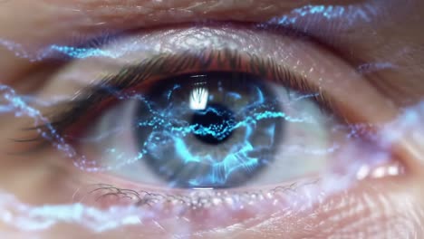 a captivating close-up of an eye enhanced by electric patterns, showcasing a mesmerizing blend of natural and digital imagery in a stunning display of visual artistry