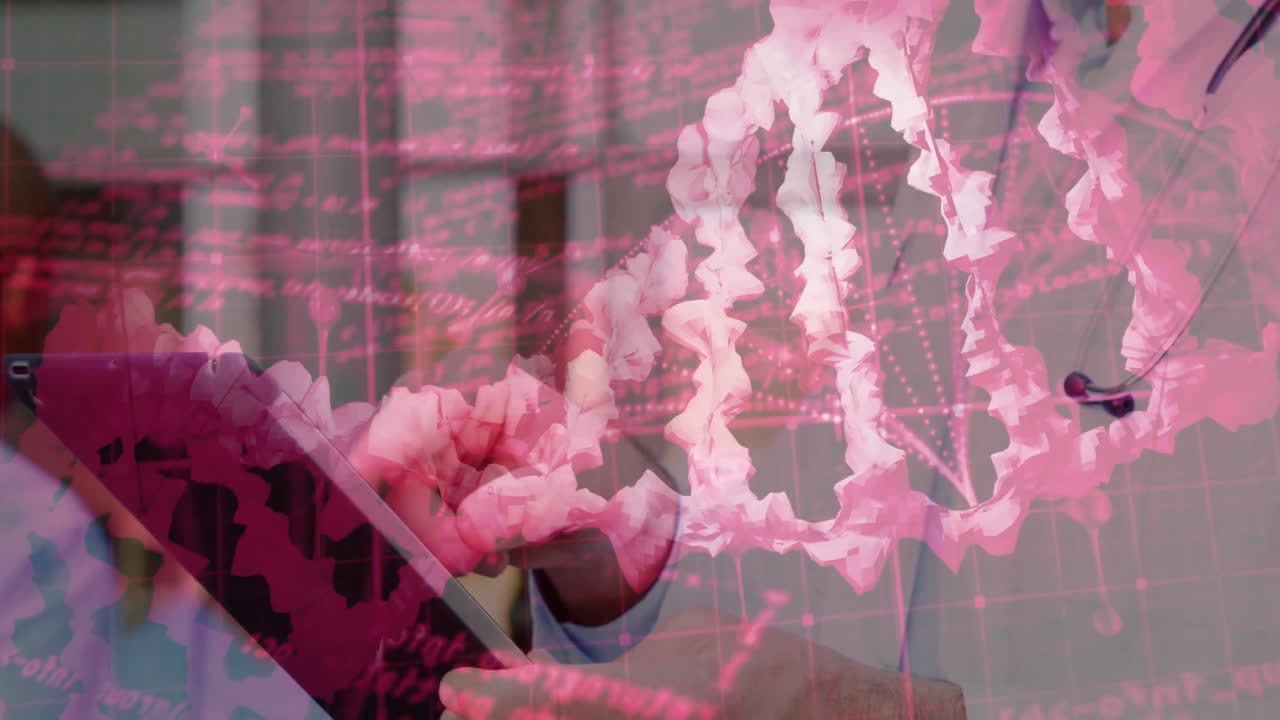 male medical professional interacting with tablet in office, displaying animated DNA helix and grid