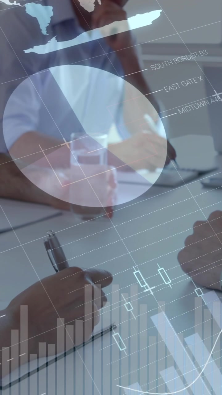 Business people writing in an office with graphs moving in the screen 4k