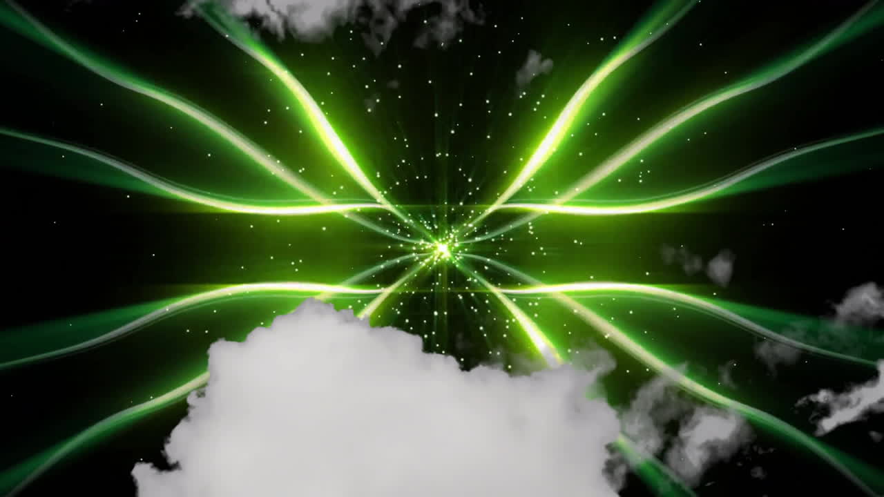 Animation of green light beams radiating over clouds and starry background