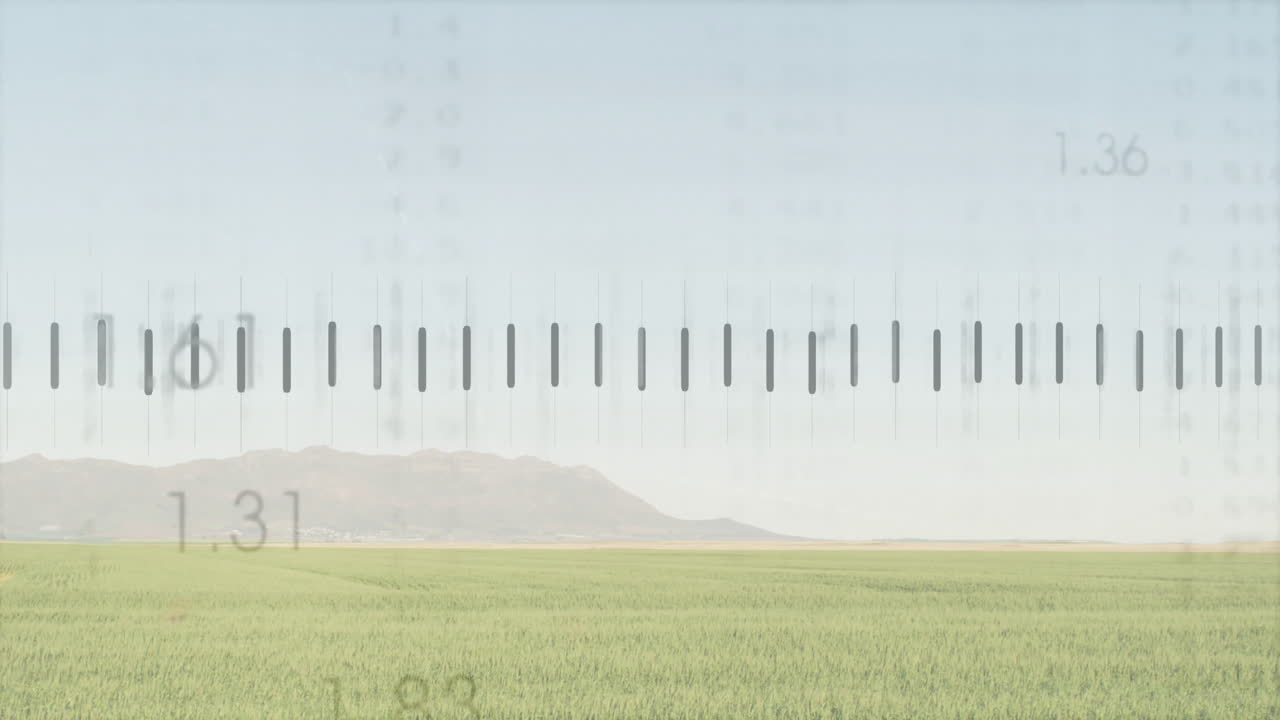 Vertical audio equalizer bars floating over green crop field, visualizing sound data in flat design