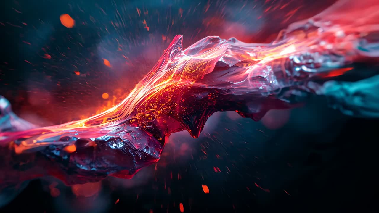 Emerging molten ribbon flowing from right through jagged crystal void, emitting sparks and embers