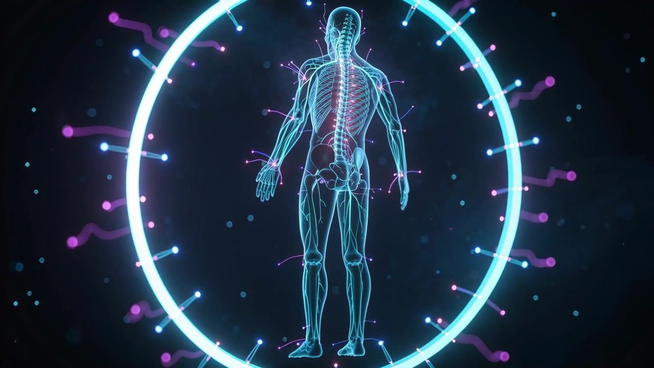 Pulsing ring initiating rotation in lab, male anatomy model revealing spine and nerves for research