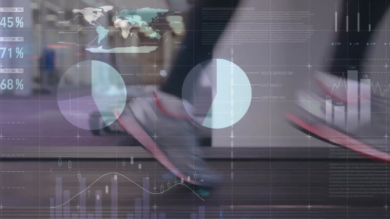 Animation of network of connections and data processing over fit woman exercising in gym