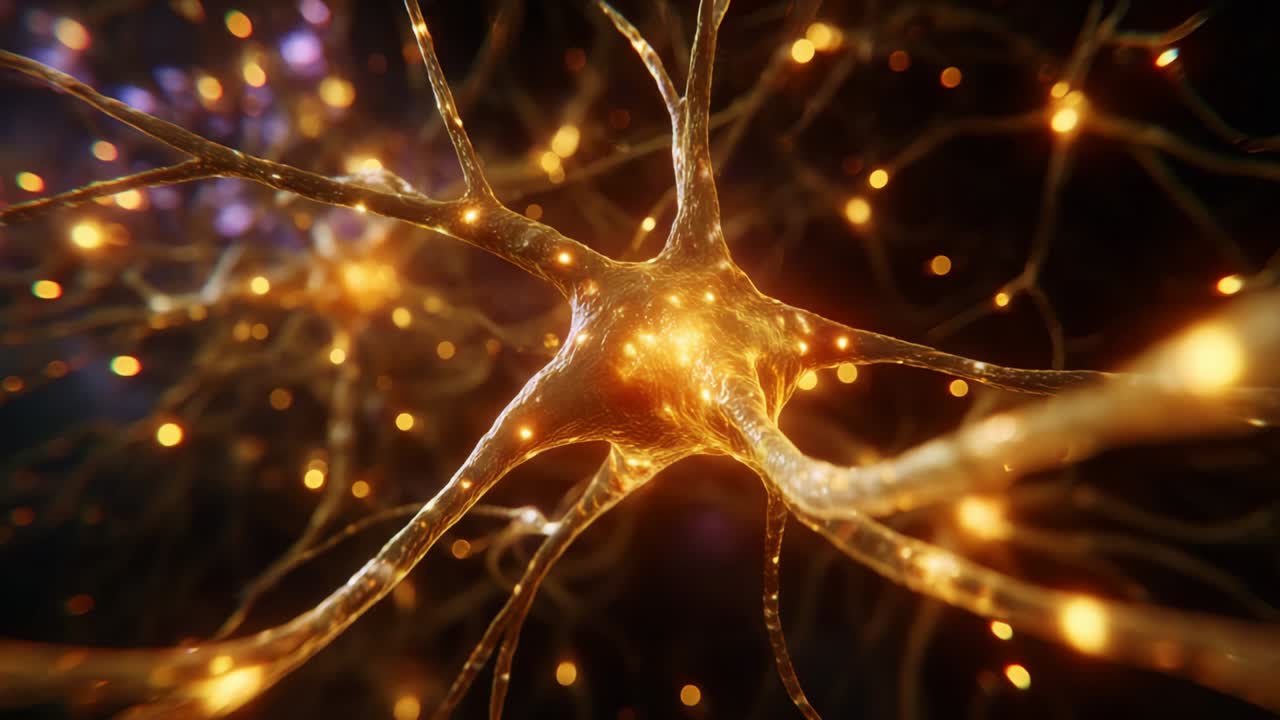 Dazzling close-up of interconnected neurons showcasing vibrant synaptic activity with shimmering lights, representing the intricate network of the human nervous system and its electrical communication pathways