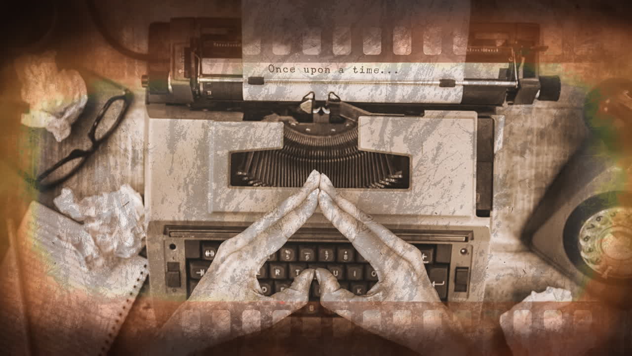 빈티지 영화 필름 프레임의 애니메이션 빈티지 타이핑 머신