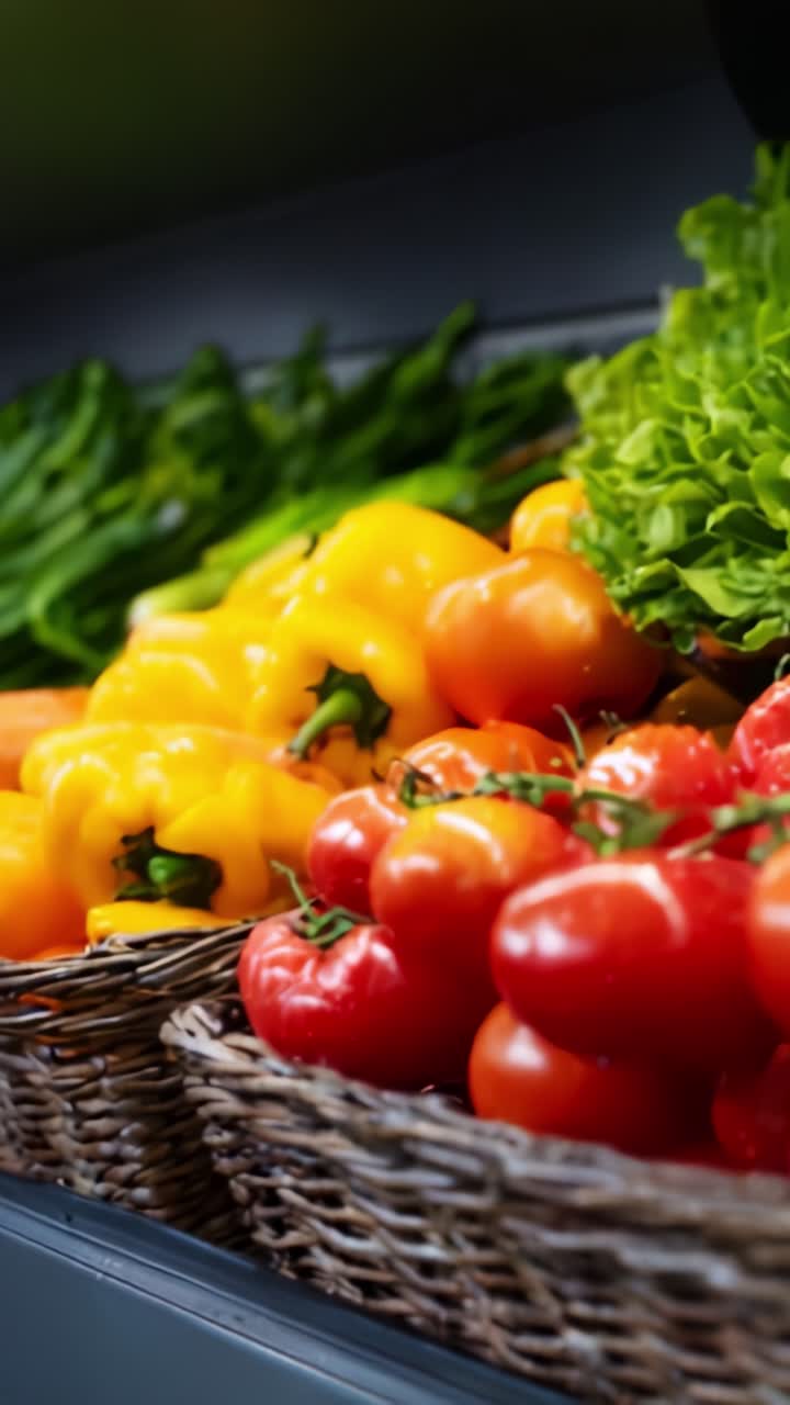 Exibição vibrante de frutas e vegetais frescos com tomates vermelhos, pimentões amarelos e verduras exuberantes em um ambiente de mercado para inspiração de um estilo de vida saudável