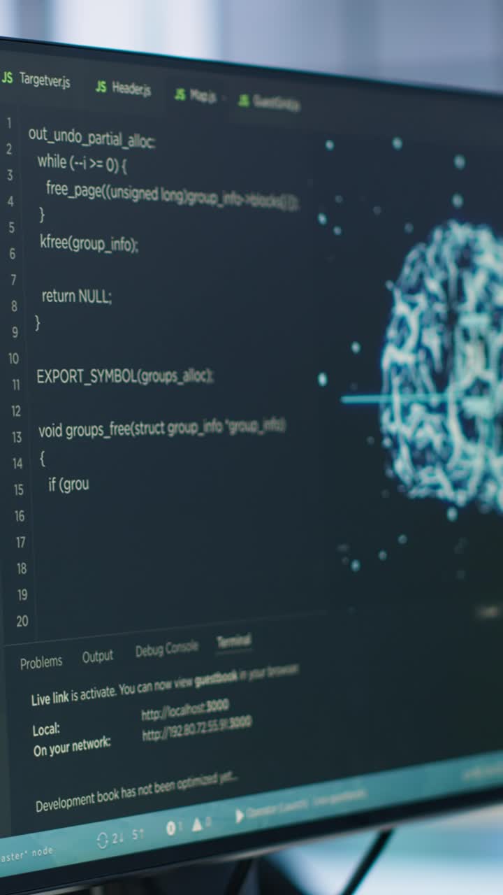 プログラミングコードとAI脳のグラフィックが表示されたコンピューター画面。