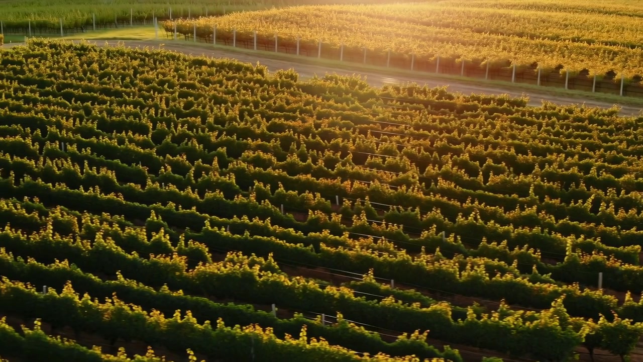 Filari di vigneti illuminati dal sole dall'alto durante l'alba, luce dorata che inonda viti ordinate su spalliere mentre un drone sorvola