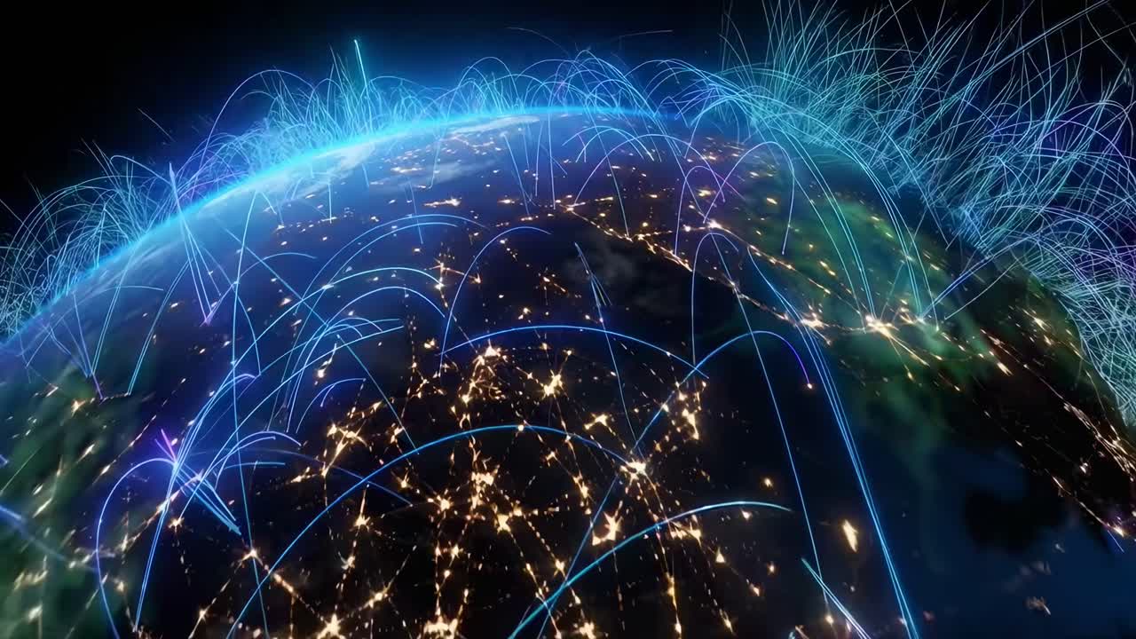Aerial video view of Earth with neon data lines, showcasing global connectivity at night