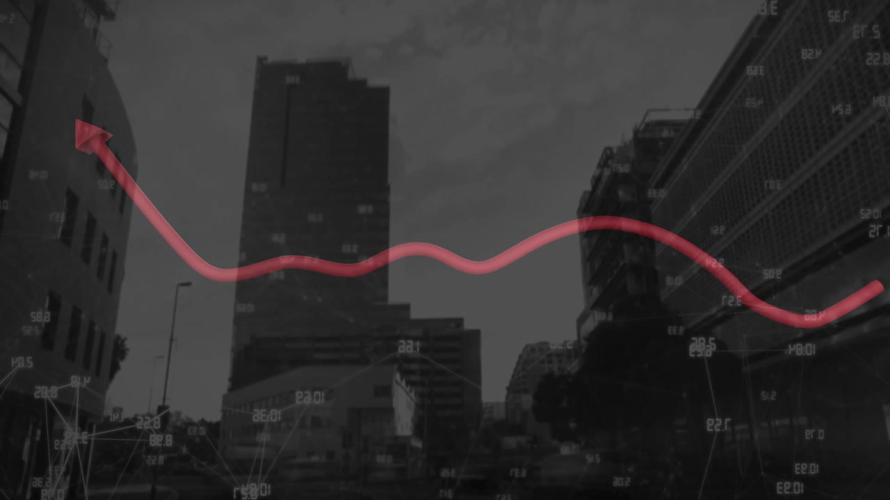 Grafico digitale di crescita finanziaria sovrapposto allo skyline di una città