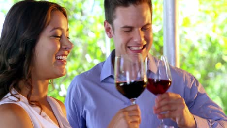 pareja feliz brindando copas de vino tinto