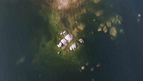 Vista-De-Arriba-Hacia-Abajo-De-Un-Afloramiento-Rocoso-Bajo-El-Agua-En-El-Lago-Shaver,-California,-Con-Ondulaciones-Y-Reflejos-De-Luz-En-La-Parte-Superior-Del-Agua-A-Medio-Día-A-60-Fps.