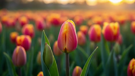 a beautiful field of vibrant tulips at sunset: captivating colors and serenity amidst nature's floral splendor