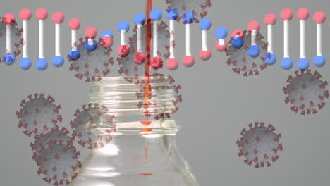 dna structure and covid-19 cells against liquid falling in a bottle