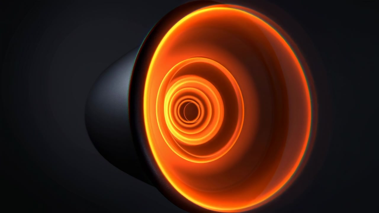 A bright orange circular light tunnel glows against a dark backdrop, with concentric rings creating a smooth abstract depth effect and a futuristic atmosphere