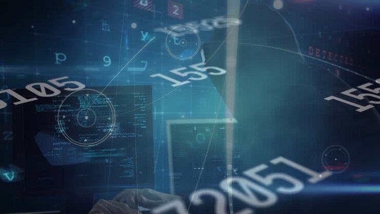 Animation of data processing and network of connections and firewall warning