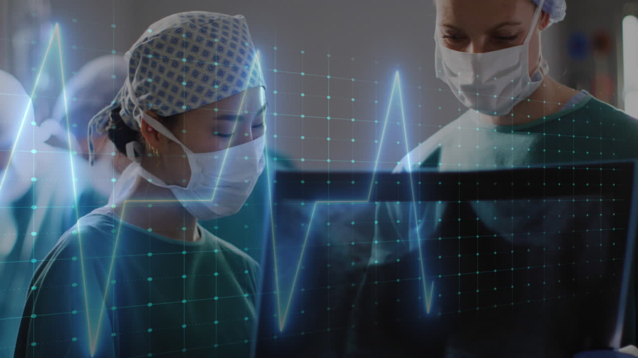 animación de cardiógrafo sobre diversos cirujanos que trabajan en el hospital