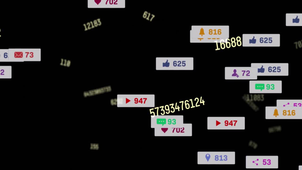 검은색 배경에 변화하는 숫자 위에 떠다니는 소셜 미디어 아이콘의 애니메이션