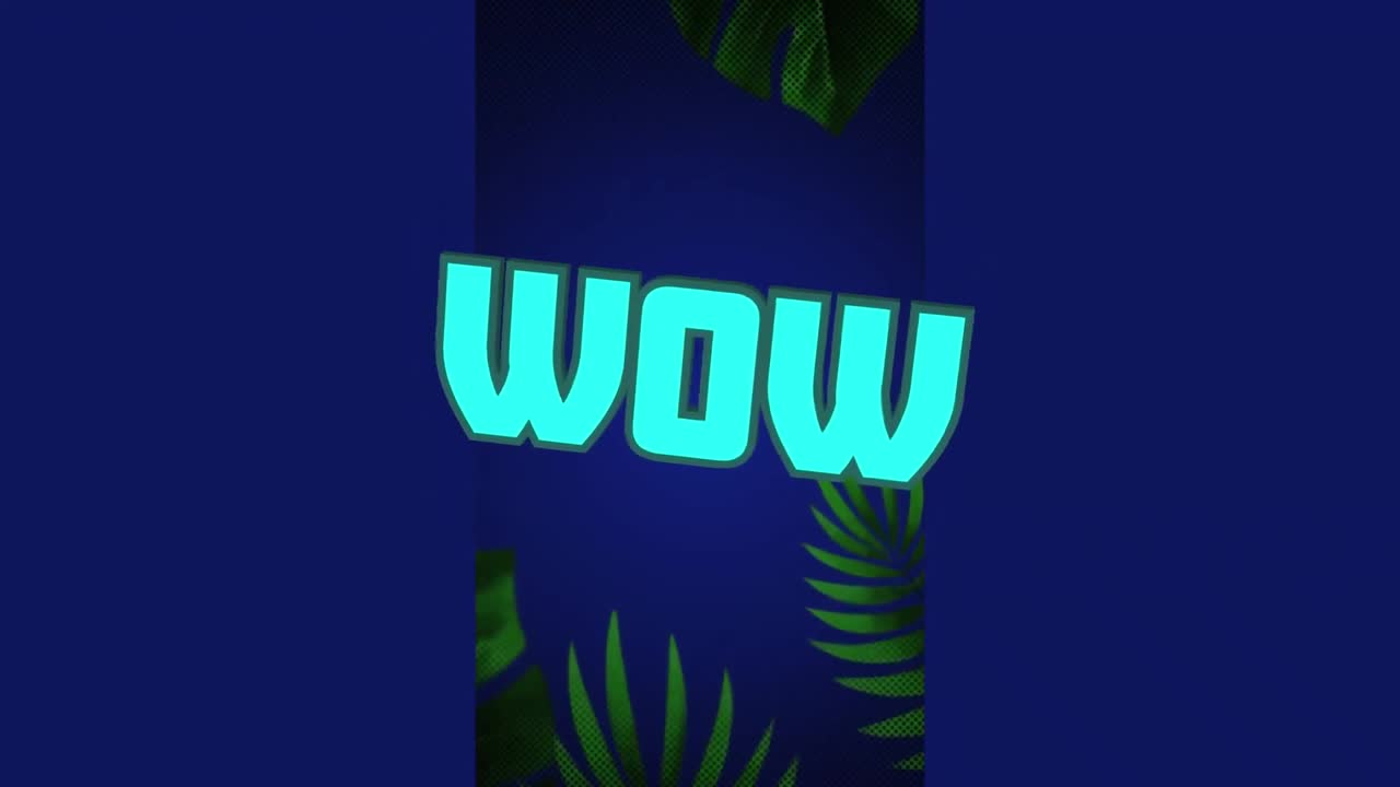 animación del texto wow en letras brillantes de neón azul sobre las hojas