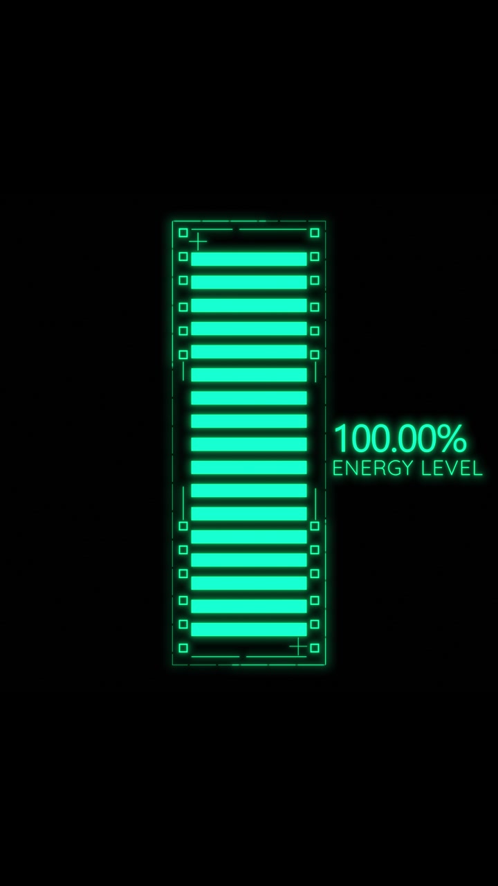 Green energy level battery hud glowing vertical cells percent text and dark minimal interface power