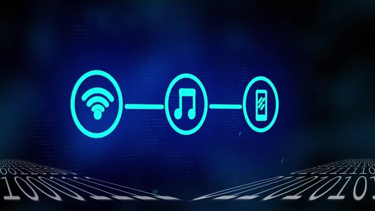 animação de ícones e processamento de dados sobre fundo escuro