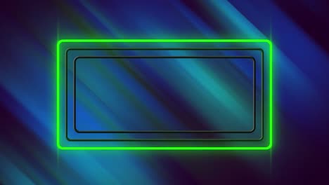 flashing green, yellow and white neon rectangles over green and blue lights on black background