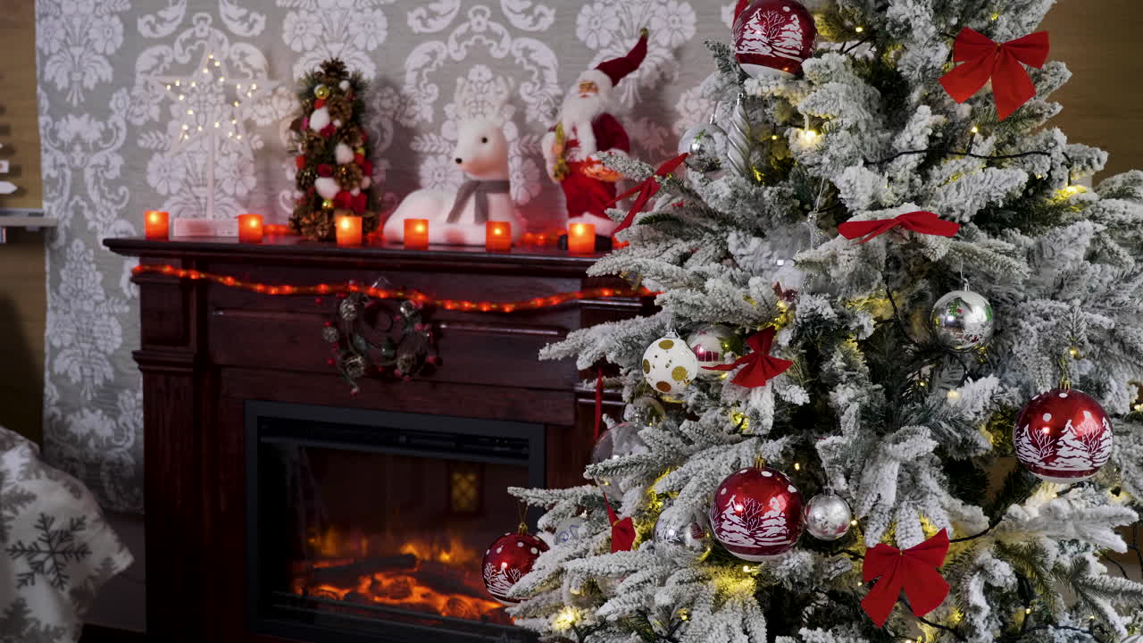 Festive Christmas Decoration with Tree and Fireplace