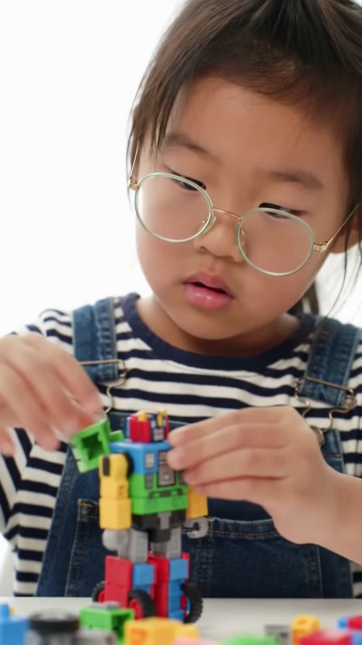 Young Asian Girl with Glasses Concentrating on Building a Robot