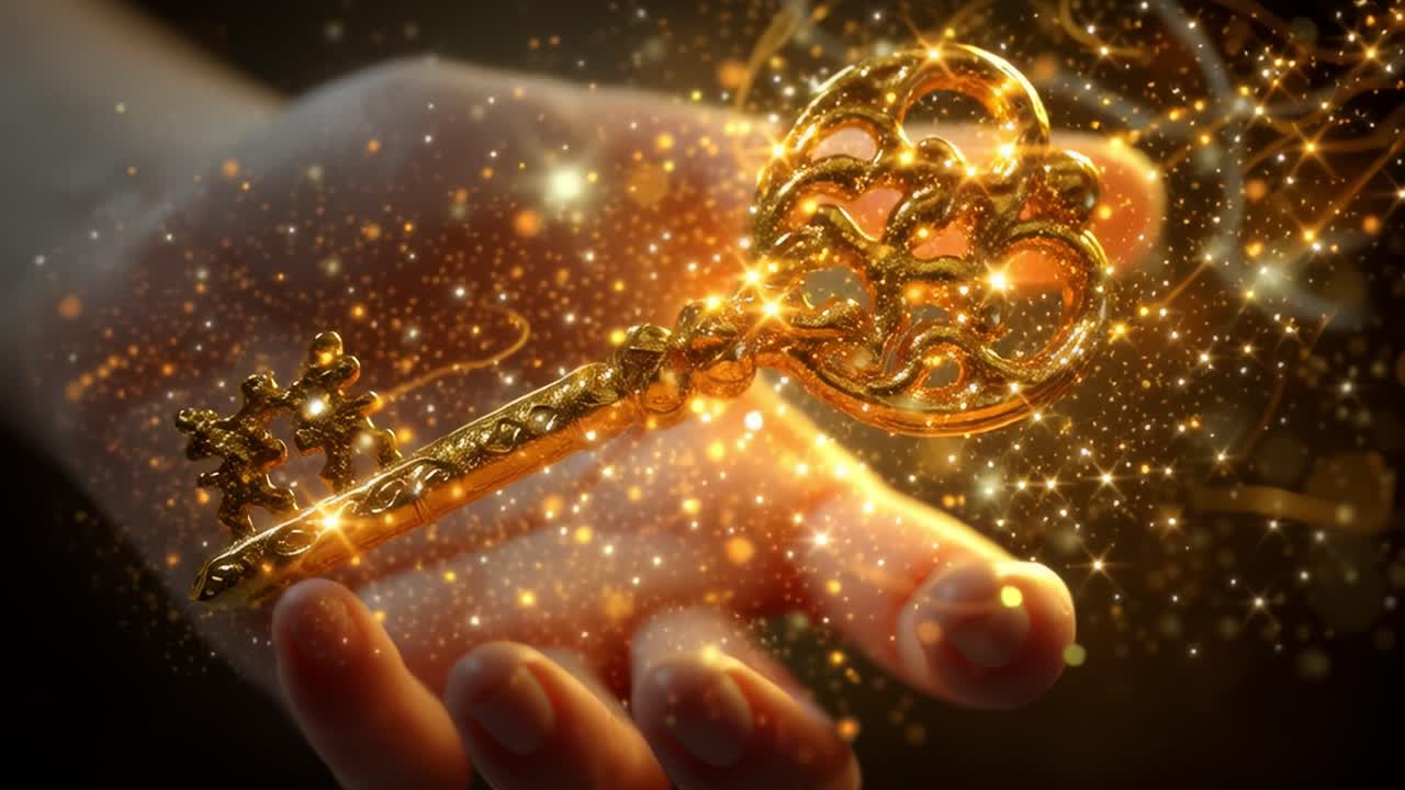 Captivating Golden Key Surrounded by Glimmering Particles: A Mystical Representation of Unlocking Potential and Hidden Secrets in a Dreamlike Environment