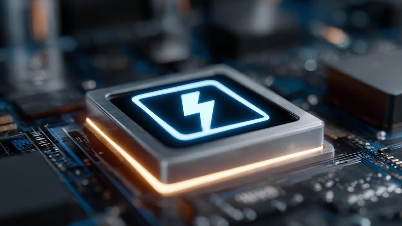 High-Tech Power Chip: The Centerpiece of Modern Electronics Featuring Radiant Power Symbol and Microchip Circuitry in Stunning Detail
