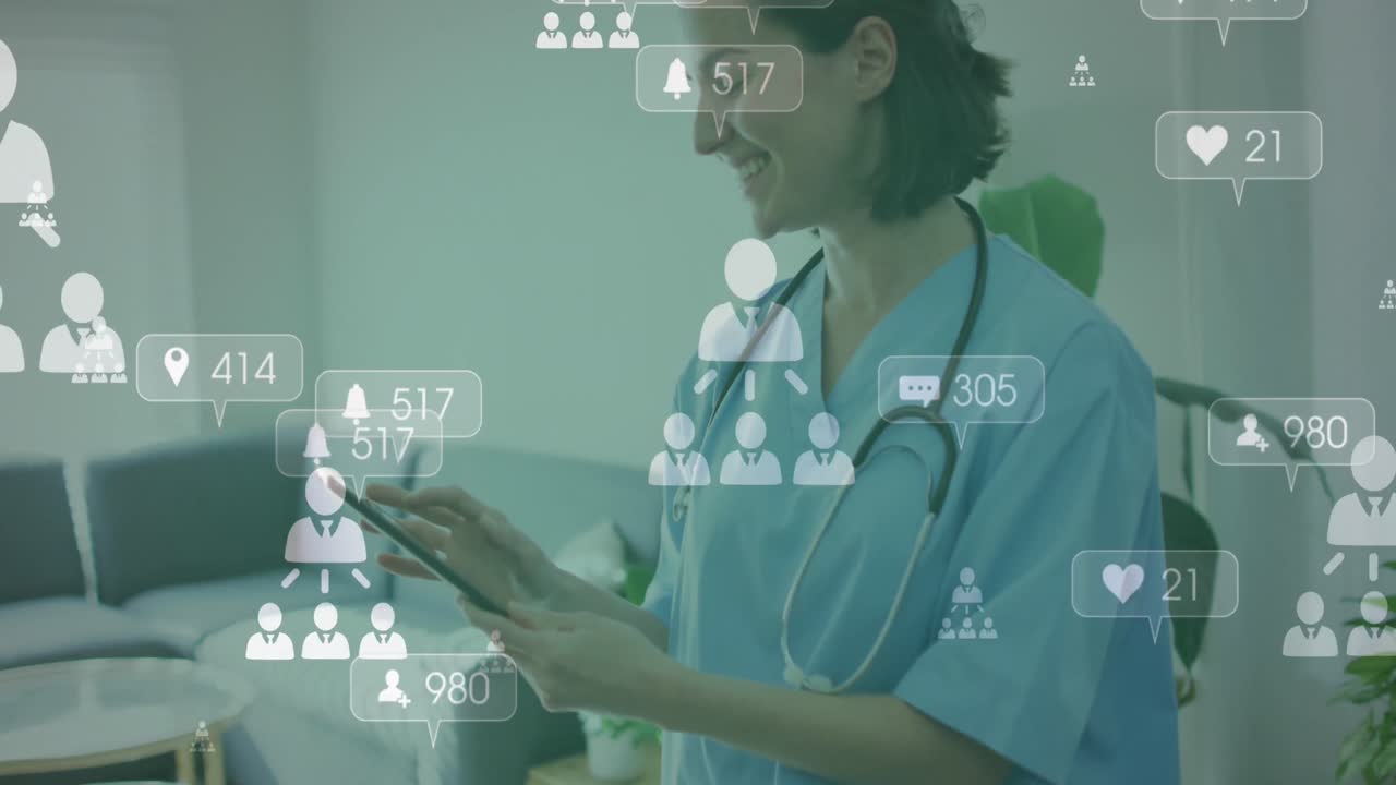 Animation of medical icons and data processing over caucasian female doctor