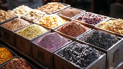 assortment of spices and herbs in wooden boxes